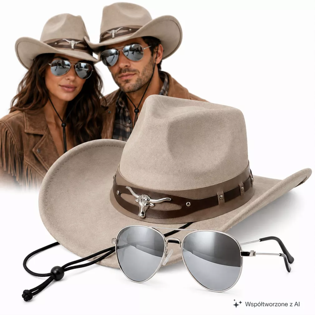 KAPELUSZ KOWBOJSKI WESTERN LONGHORN BEŻ + OKULARY LUSTRZANKI ZESTAW R254F