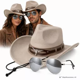 KAPELUSZ KOWBOJSKI WESTERN LONGHORN BEŻ + OKULARY LUSTRZANKI ZESTAW R254F