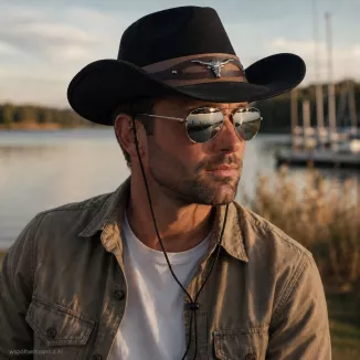 KAPELUSZ KOWBOJSKI CZARNY WESTERN + OKULARY PILOTKI ZESTAW UNISEX R254H - 10