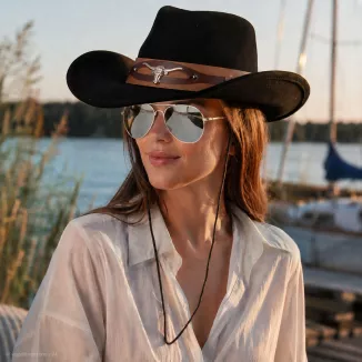 KAPELUSZ KOWBOJSKI CZARNY WESTERN + OKULARY PILOTKI ZESTAW UNISEX R254H - 11
