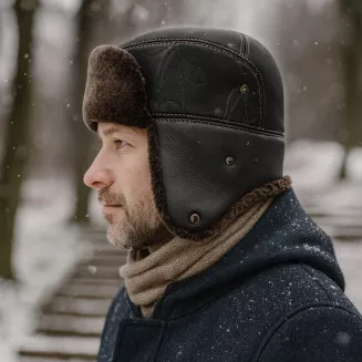 Męska Pilotka Zimowa Uszatka ze Skóry Naturalnej z Futrem Polar Fashion W520A - 10