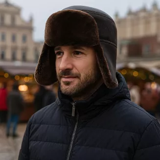 Męska Pilotka Zimowa Uszatka ze Skóry Naturalnej z Futrem Polar Fashion W520A - 8
