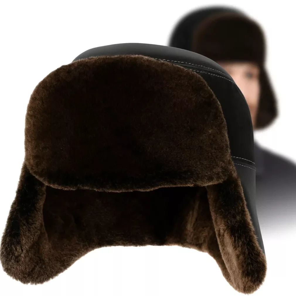 Męska Pilotka Zimowa Uszatka ze Skóry Naturalnej z Futrem Polar Fashion W520A