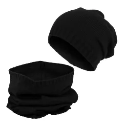 W237C Czarny Modny komplet czapka krasnal szal ciepły w formie komina