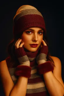 Damski Zimowy Komplet W375BK – Czapka Komin Mitenki Beżowo-Bordowy - 6