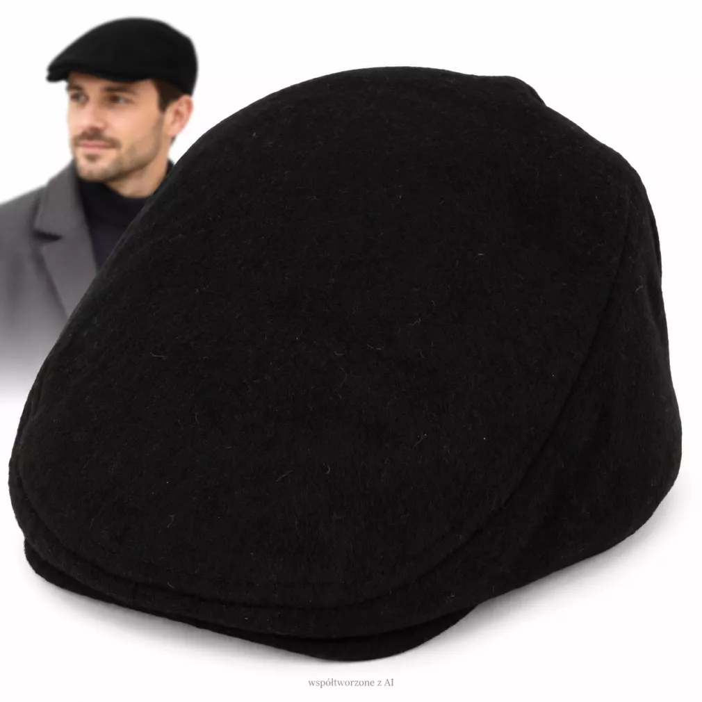Kaszkiet Męski Zimowy Czarny Ocieplany z Wełną Flat Cap Polar Fashion K318C
