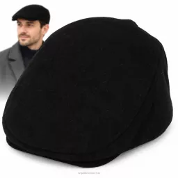 Kaszkiet Męski Zimowy Czarny Ocieplany z Wełną Flat Cap Polar Fashion K318C