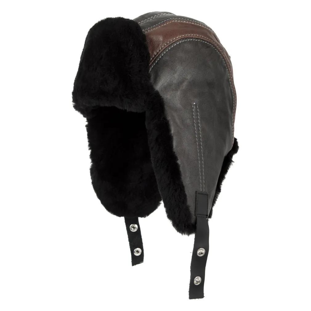 W447D Winter Long-Eared Pilot Hat Made Of Natural Leather
