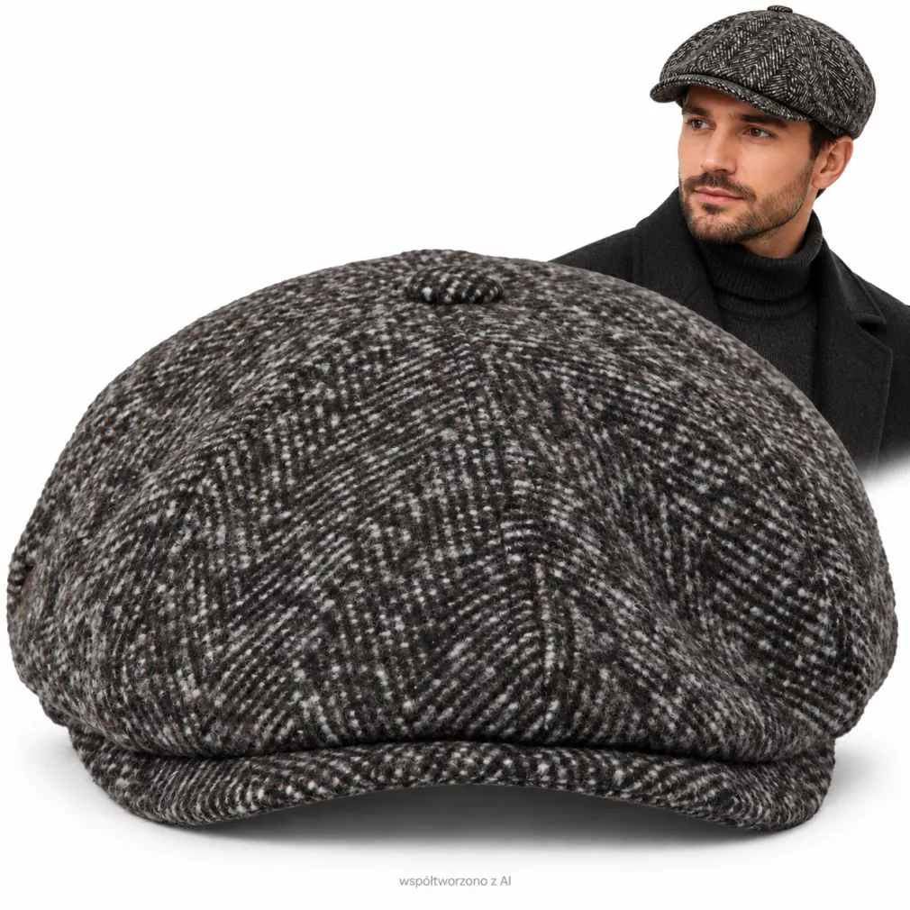 Kaszkiet Męski Brązowo Szary Ocieplany z Wełną Peaky Blinders Retro K278E