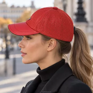 Czapka Bejsbolówka Skórzana Naturalna Czerwona Perforowana Unisex K319D - 7
