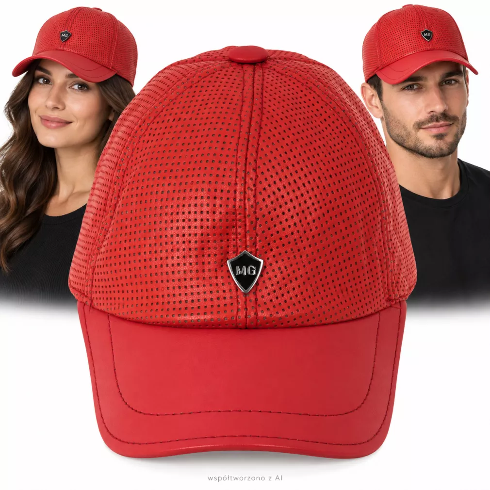 Czapka Bejsbolówka Skórzana Naturalna Czerwona Perforowana Unisex K319D