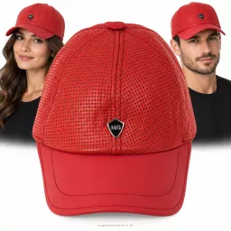 Czapka Bejsbolówka Skórzana Naturalna Czerwona Perforowana Unisex K319D