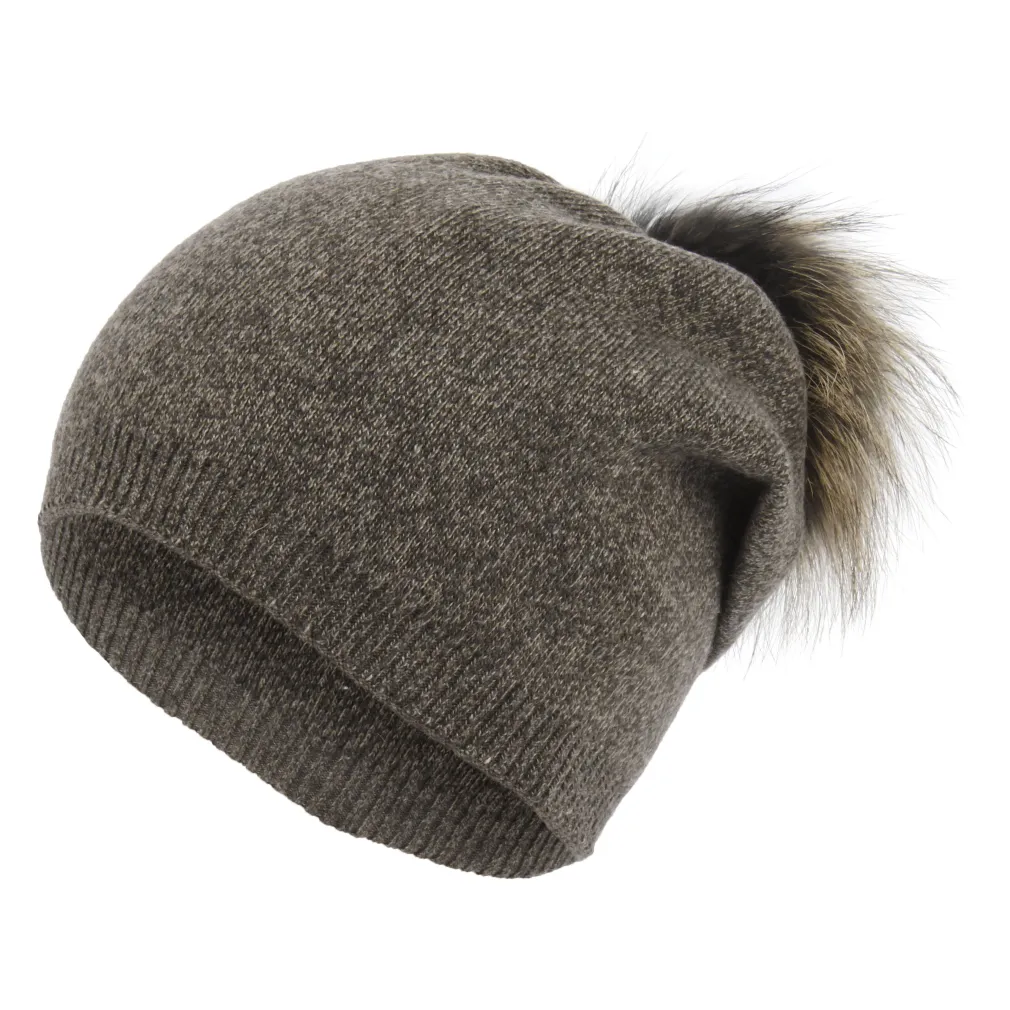 W317D Ciemnobrązowa Polar Fashion czapka zimowa beanie wykonana z kaszmiru bawełny pompon z jenota