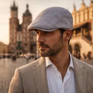 Kaszkiet Męski Jasnoszary Lniany Flat Cap Letni Polar Fashion Turcja K309D - 6