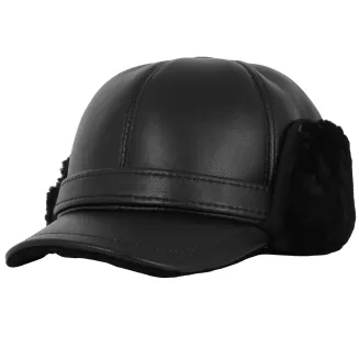 Czarna skórzana czapka zimowa męska z osłoną uszu i karku K292B Polar Fashion - 4