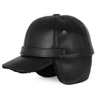 Czarna skórzana czapka zimowa męska z osłoną uszu i karku K292B Polar Fashion - 5