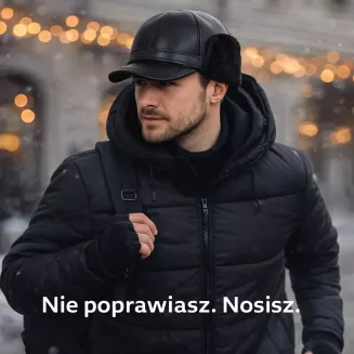 Czarna skórzana czapka zimowa męska z osłoną uszu i karku K292B Polar Fashion - 7