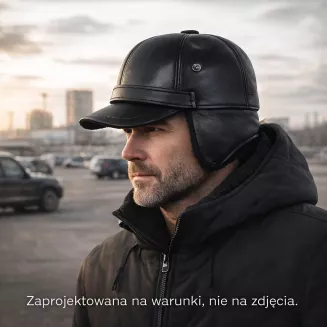 Czarna skórzana czapka zimowa męska z osłoną uszu i karku K292B Polar Fashion - 8