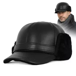 Czarna skórzana czapka zimowa męska z osłoną uszu i karku K292B Polar Fashion