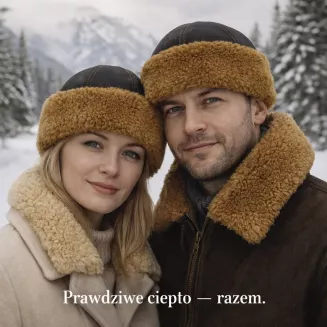Toczek skórzany w kolorze ciemnego brązu z miodowym futrem zimowa czapka Polar Fashion W518P - 3