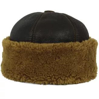 Toczek skórzany w kolorze ciemnego brązu z miodowym futrem zimowa czapka Polar Fashion W518P - 4