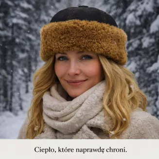 Toczek skórzany w kolorze ciemnego brązu z miodowym futrem zimowa czapka Polar Fashion W518P - 6