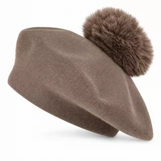 Brązowy Beret Damski Taupe Fango z Dużym Pomponem ze Sztucznego Futra W537D - 5