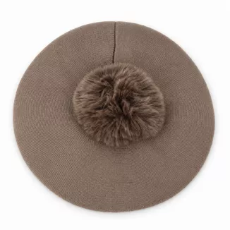Brązowy Beret Damski Taupe Fango z Dużym Pomponem ze Sztucznego Futra W537D - 6