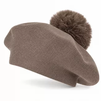 Brązowy Beret Damski Taupe Fango z Dużym Pomponem ze Sztucznego Futra W537D - 7