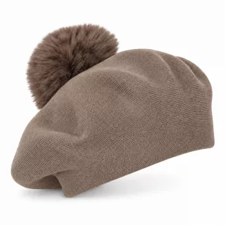 Brązowy Beret Damski Taupe Fango z Dużym Pomponem ze Sztucznego Futra W537D - 8