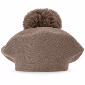 Brązowy Beret Damski Taupe Fango z Dużym Pomponem ze Sztucznego Futra W537D - 9