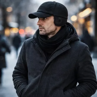 Czarna Skórzana bejsbolówka męska zimowa z uszami i futrem K294A Polar Fashion - 6