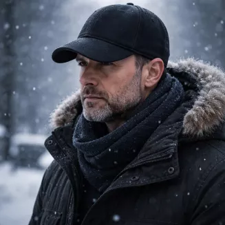Czarna Skórzana bejsbolówka męska zimowa z uszami i futrem K294A Polar Fashion - 7