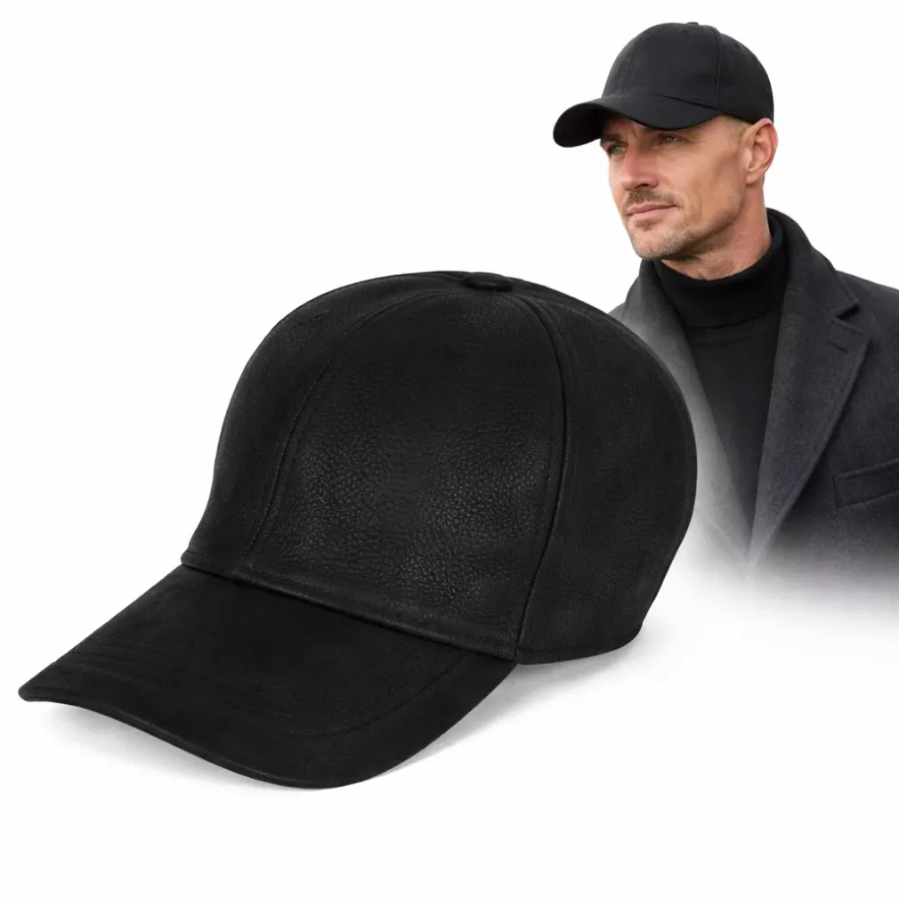 Czarna Skórzana bejsbolówka męska zimowa z uszami i futrem K294A Polar Fashion