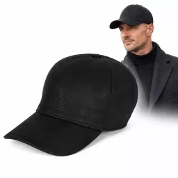 Czarna Skórzana bejsbolówka męska zimowa z uszami i futrem K294A Polar Fashion