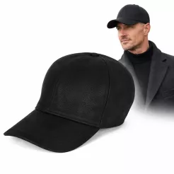 Czarna Skórzana bejsbolówka męska zimowa z uszami i futrem K294A Polar Fashion