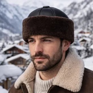 Czarna Skórzana Czapka Zimowa z Futrem Ciepły Toczek Unisex Elegancki W518W - 7