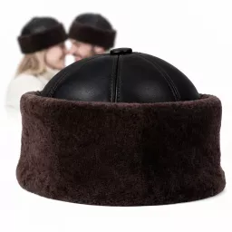 Czarna Skórzana Czapka Zimowa z Futrem Ciepły Toczek Unisex Elegancki W518W
