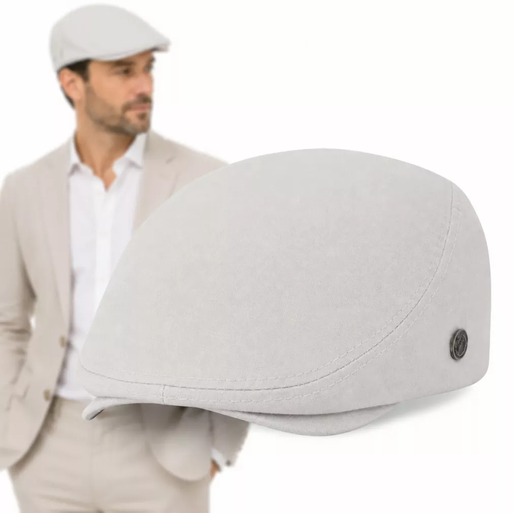Kaszkiet Męski Bawełniany Beżowy Letni Czapka Flat Cap Jasny Ecru Lato K312A