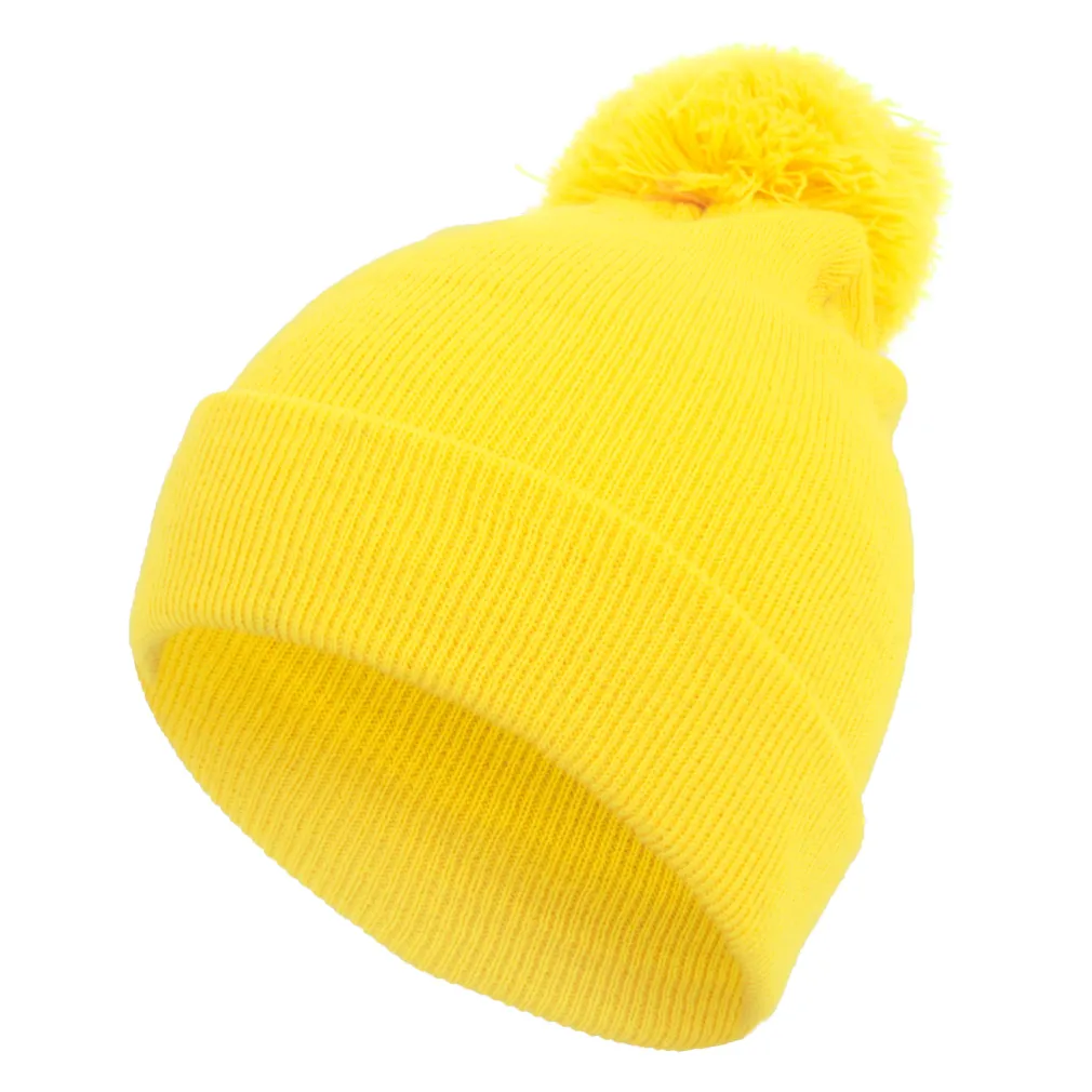 W319H Yellow Winter Hat Beanie With A Dwarf Smooth W Neon Design And A Pompon Haker.