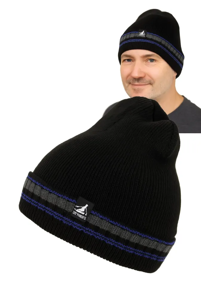 Czapka Zimowa Męska Beanie W457C Polar Fashion Czarno-Niebieska