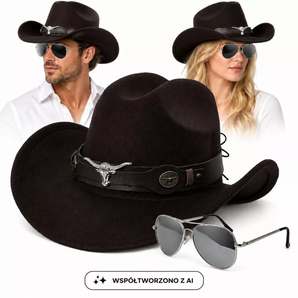 KAPELUSZ KOWBOJSKI CIEMNY BRĄZ + OKULARY PILOTKI ZESTAW UNISEX R260G