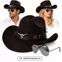 KAPELUSZ KOWBOJSKI CIEMNY BRĄZ + OKULARY PILOTKI ZESTAW UNISEX R260G
