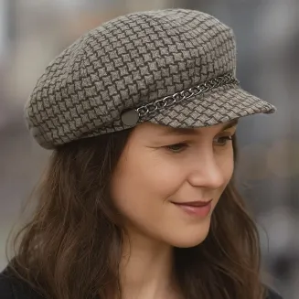Stylowy Kaszkiet Damski K291C Szaro-Brązowa Pepitka z Łańcuszkiem Polar Fashion - 7