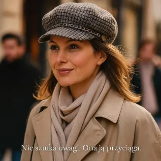 Stylowy Kaszkiet Damski K291C Szaro-Brązowa Pepitka z Łańcuszkiem Polar Fashion - 8