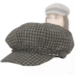 Stylowy Kaszkiet Damski K291C Szaro-Brązowa Pepitka z Łańcuszkiem Polar Fashion