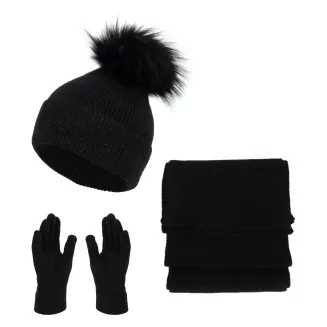 Zimowy Komplet Damski Polar Fashion W454D Czapka Szalik Rękawiczki Czarny - 5