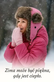 Dziewczynka (5-8 lat) w jasnoróżowej czapce pilotce W-151H, zimowy spacer, ochrona przed wiatrem i mrozem, realistyczne zimowe światło i cienie, komfort.