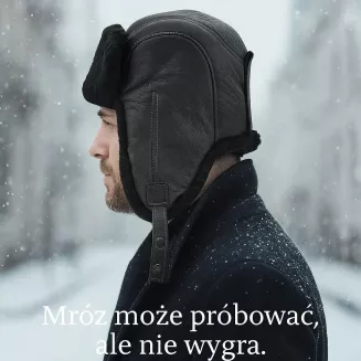 Męska skórzana pilotka czarna uszatka z tłoczonymi łuskami i ciepłym futrem W522B - 8