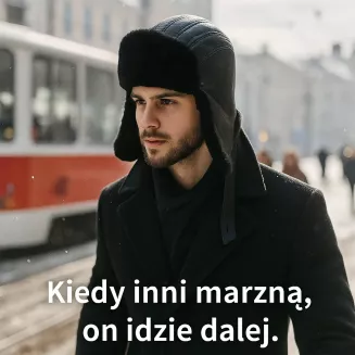 Męska skórzana pilotka czarna uszatka z tłoczonymi łuskami i ciepłym futrem W522B - 6